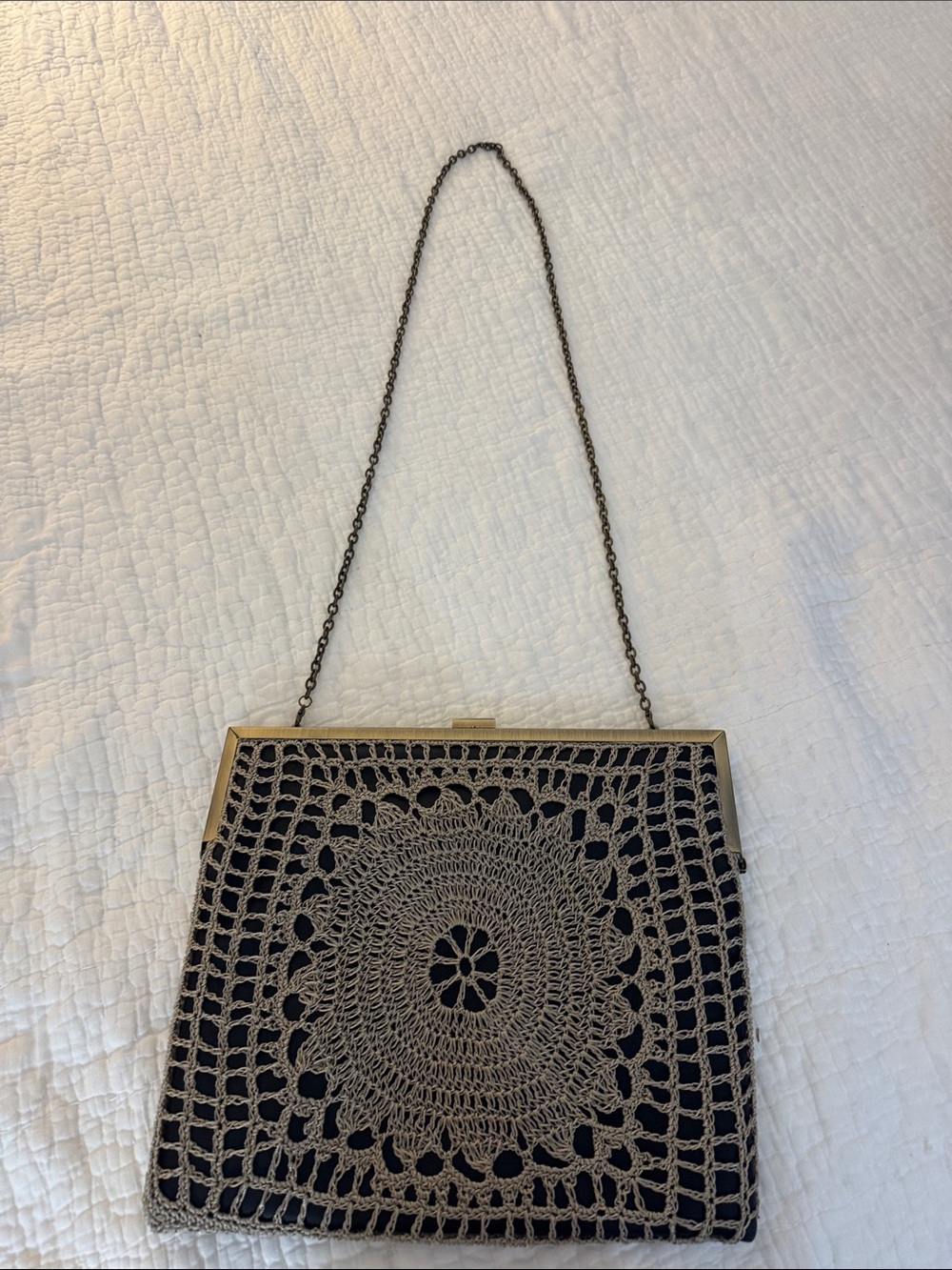 Clutch Vintage-Inspired Black & Taupe Crochet Frame Shoulder or Cross Body